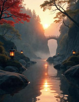 The primary subject of the image is a beautifully drawn bridge over a river, surrounded by a serene landscape. The setting includes a forest with trees and rocks, creating a picturesque scene. The visual style is a combination of digital art and illustration, giving the image a unique and artistic appearance. The colors and mood of the image are predominantly warm and calming, with the sunlight reflecting off the water and illuminating the scene.